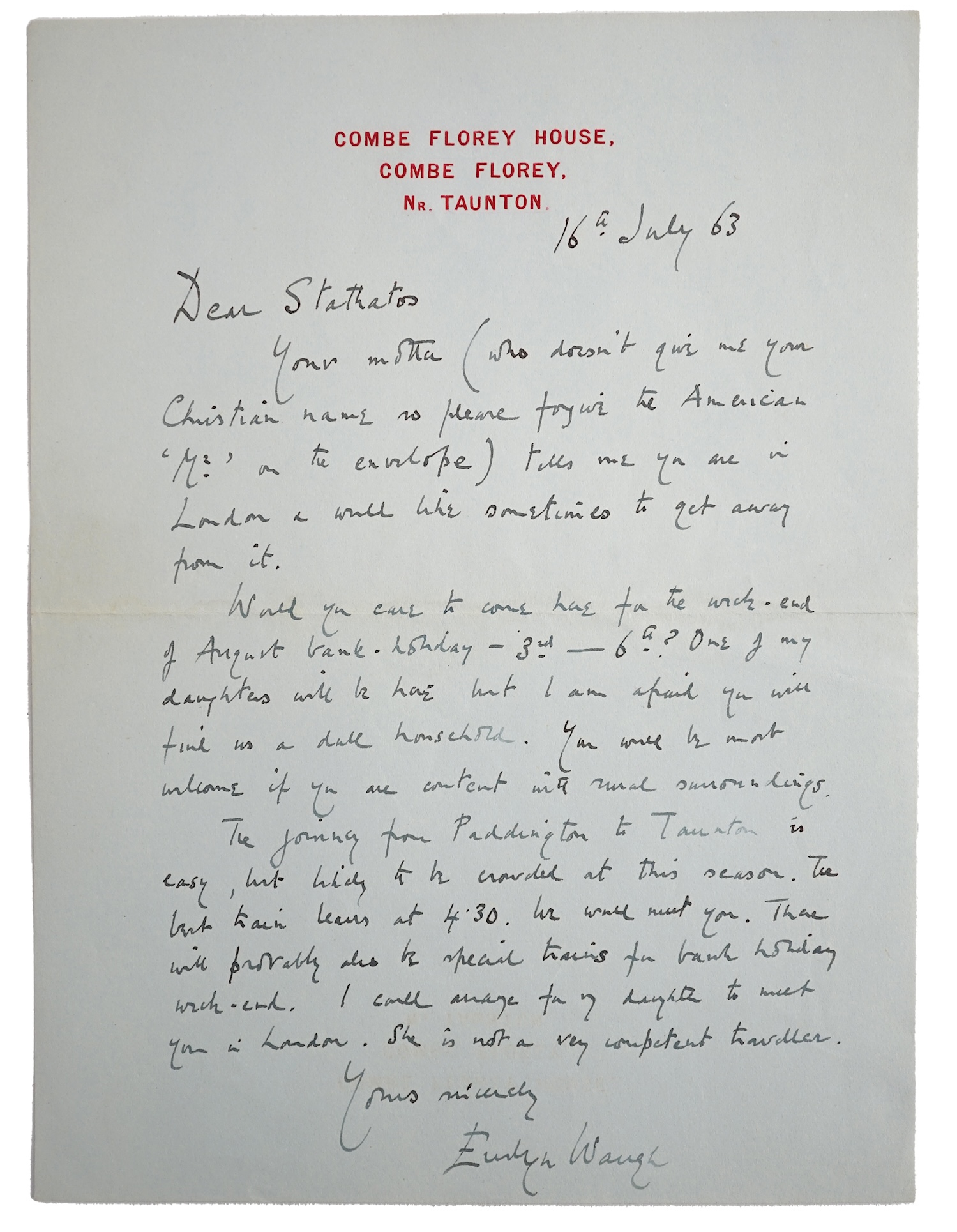 Evelyn Waugh (1903-1966), English Writer and Novelist. A.L.S., Evelyn Waugh, one page, 8vo, Combe Florey, near Taunton, 16th July 1963, to [John] Stathatos.